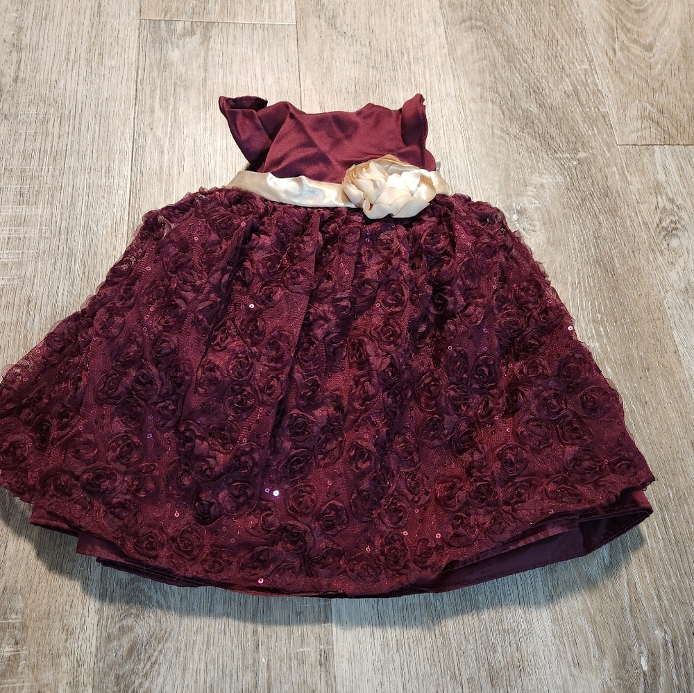 Charming Burgundy Kids Dress with Rosette Details